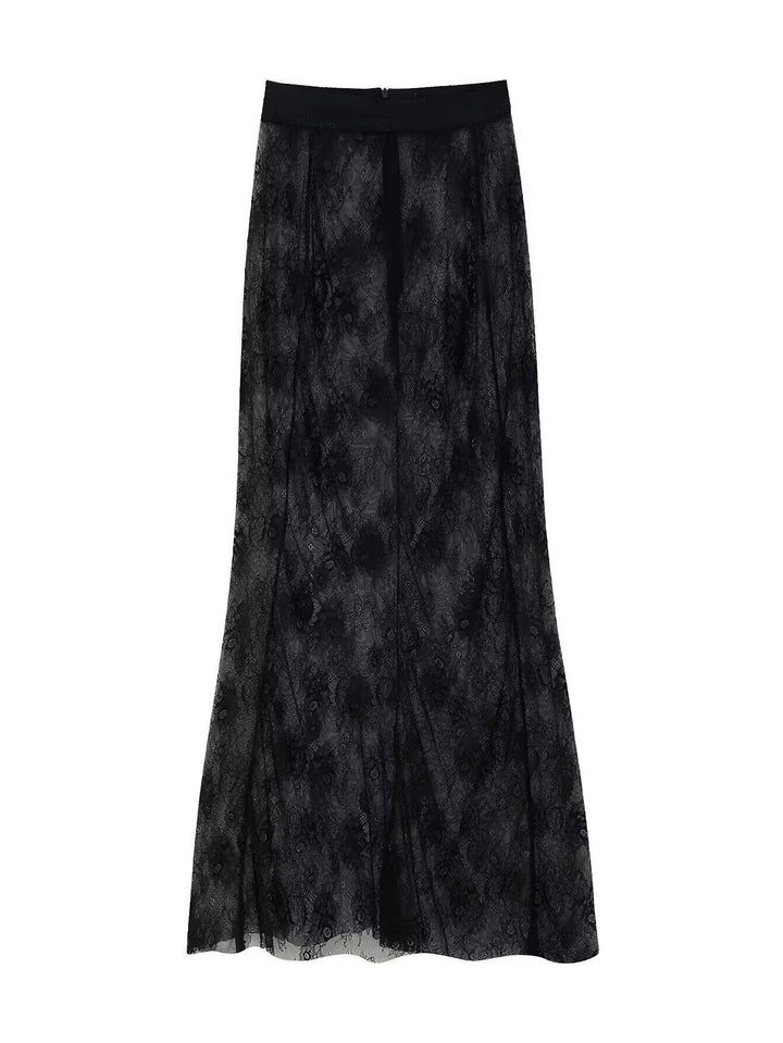 Women Long Lace Maxi Skirt with Elastic Band and Transparent Insert Amarae