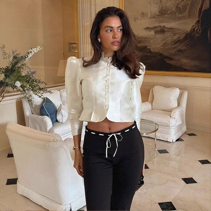 Women Satin Two-Piece with Tailored Short Jacket, Stand Collar & High-Waist Wide Pants Amarae