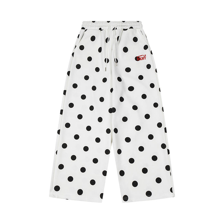 Women's Wide Culotte Sweatpants with Elastic Comfort Waistband and Polka Dot Print