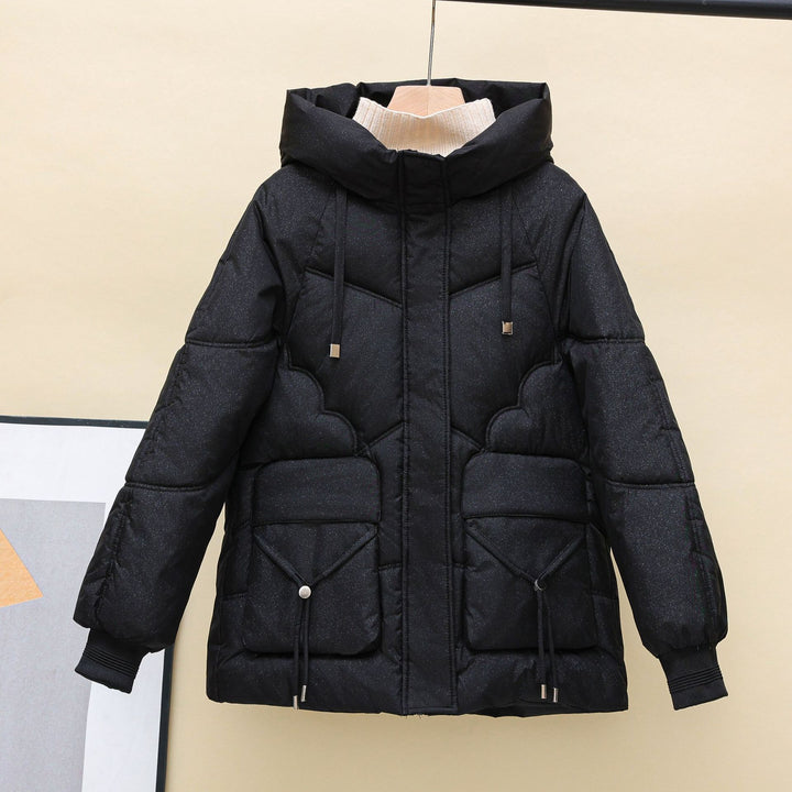 Ladies winter quilted down jacket with hood and heart-shaped details Lune London