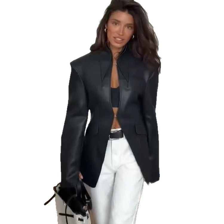 Women's tailored vegan leather blazer with sculpted seams and stand-up collar Amarae