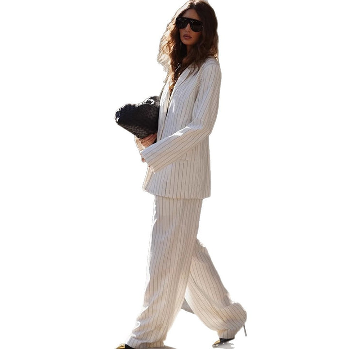 Women's Two-Piece Pinstripe Suit Set with Oversized Blazer and Wide Pleated Trousers Amarae