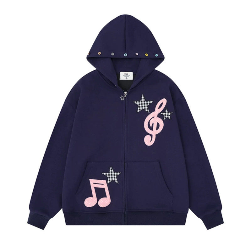 Women's hooded sweat jacket with creative music appliqués, checkered stars and zipper charm Amarae