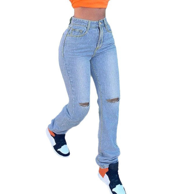 Women's high-waisted jeans with straight leg, knee rips, and stacked hem Amarae