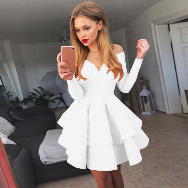 Women Playful Off-Shoulder Cocktail Dress with Ruffles and Deep V Neck Lune London