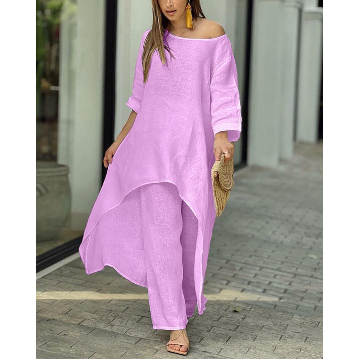Women Lightweight Linen Two-Piece with Asymmetrical High-Low Tunic and Wide Palazzo Pants Amarae