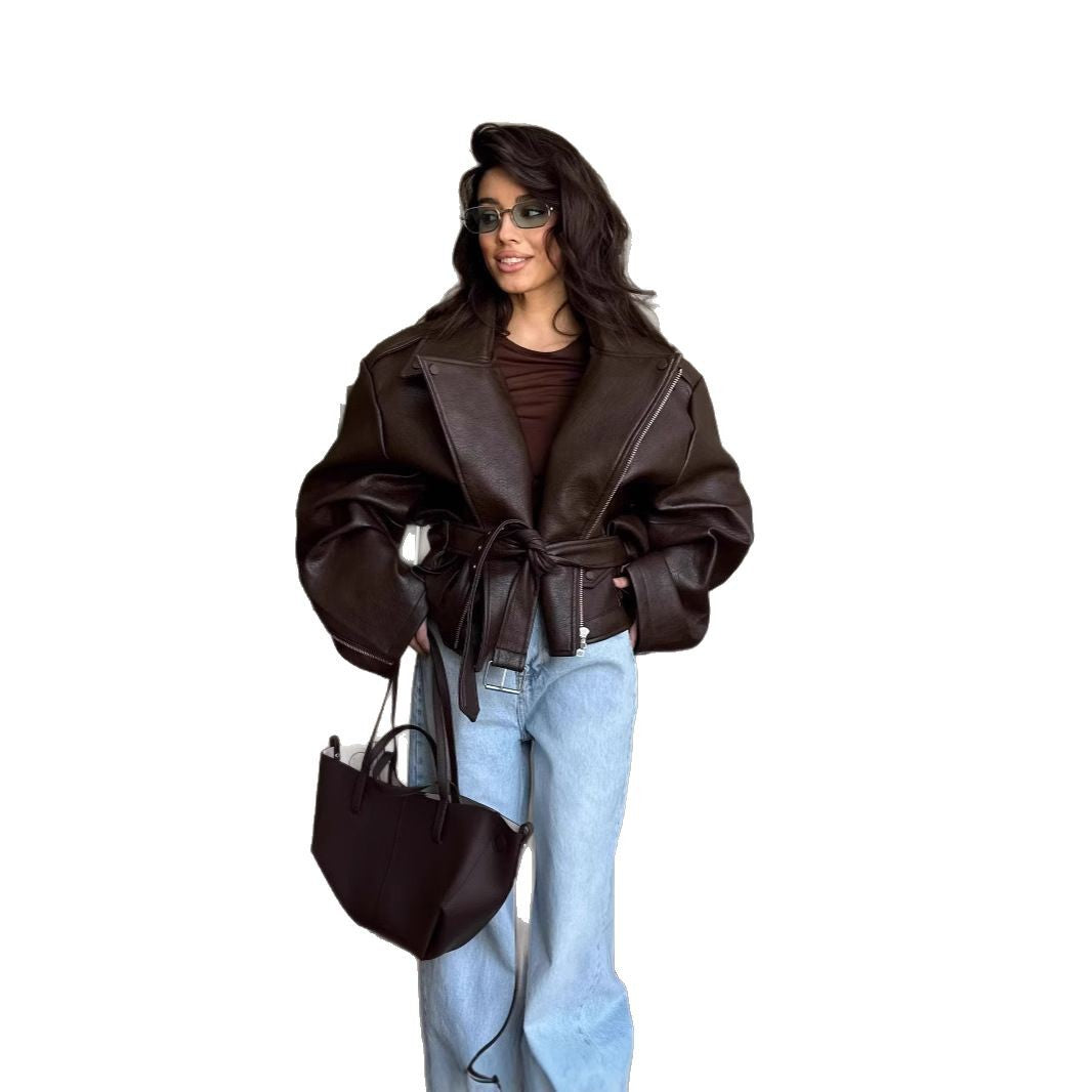 Ladies oversized leather jacket with waist belt Lune London