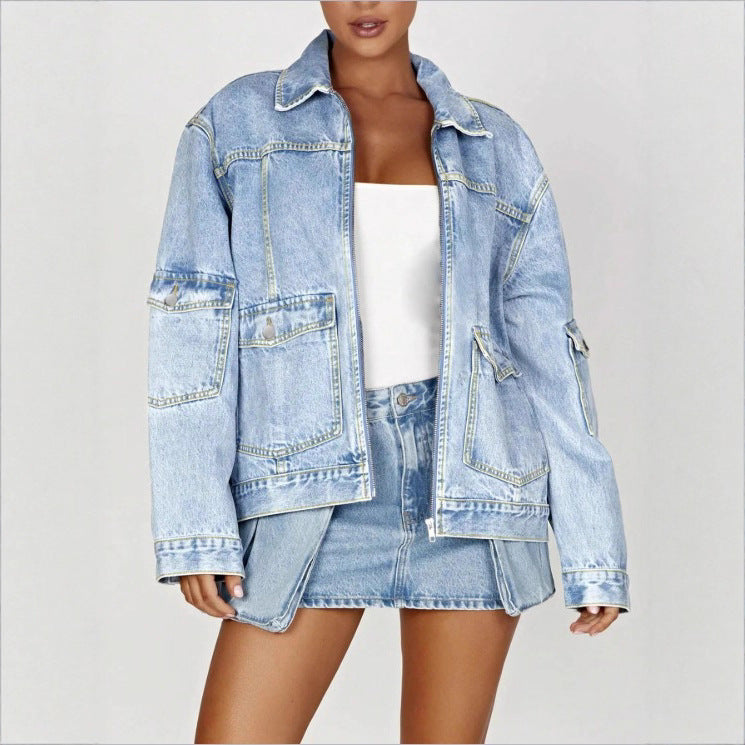 Women's Oversize Utility Denim Jacket with Large Flap Pockets and Zipper Amarae