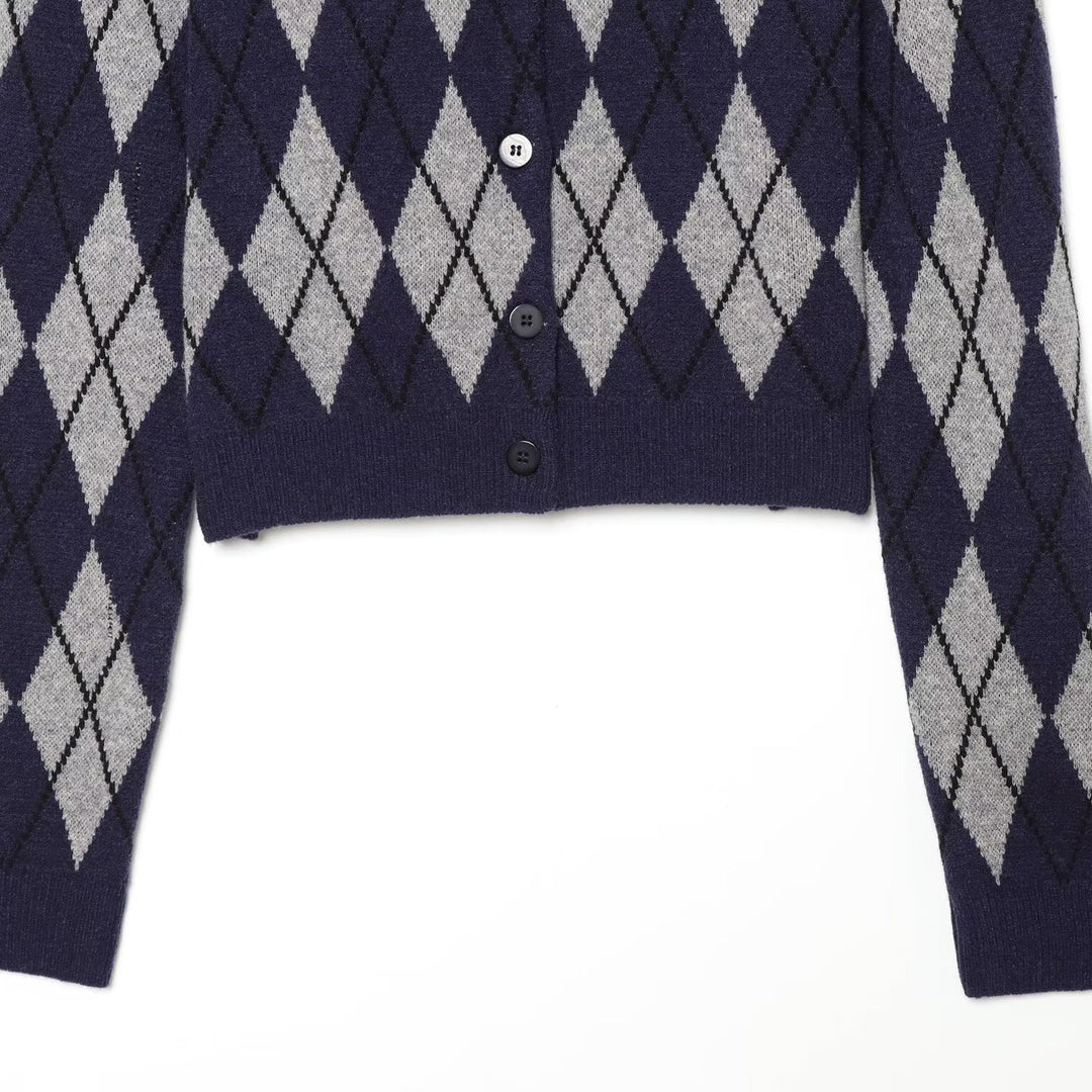 Women's argyle knit cardigan with shirt collar and full button placket Amarae