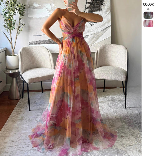Women's maxi dress with floral chiffon design and elegant waistline