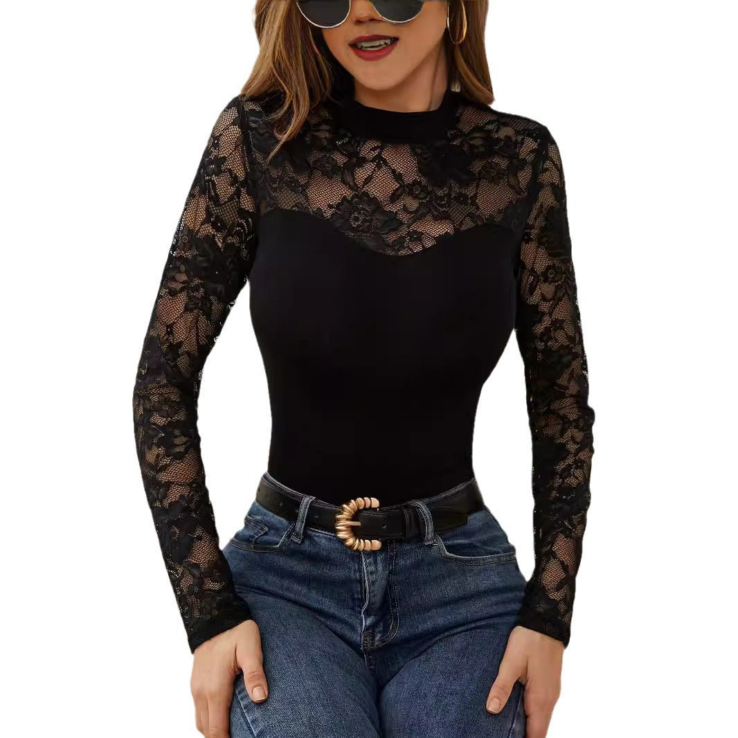 Women Elegant Long Sleeve Top with Romantic Lace Lune London
