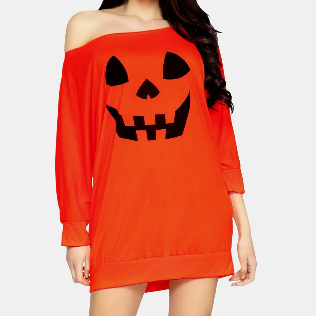 Women Oversize Off-Shoulder Knit Sweater with Halloween Pumpkin Motif Amarae