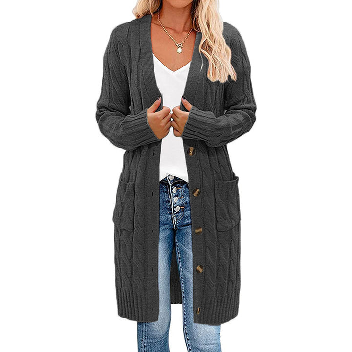 Ladies long knitted cardigan with cable design and practical pockets Lune London