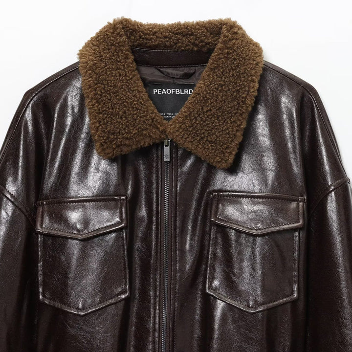 Women's Oversized Faux Leather Jacket with Teddy Collar and Waist Belt Amarae