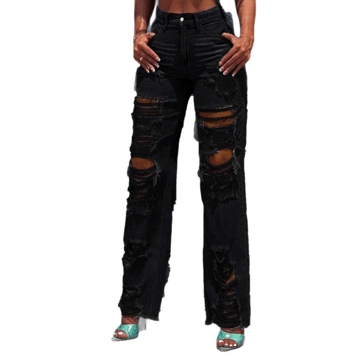 Ladies high-waisted destroyed jeans with wide legs and large knee rips Amarae