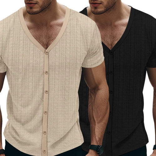 Men's Short Sleeve Henley T-Shirt with Textured Design and Fashionable V-Neck Amarae