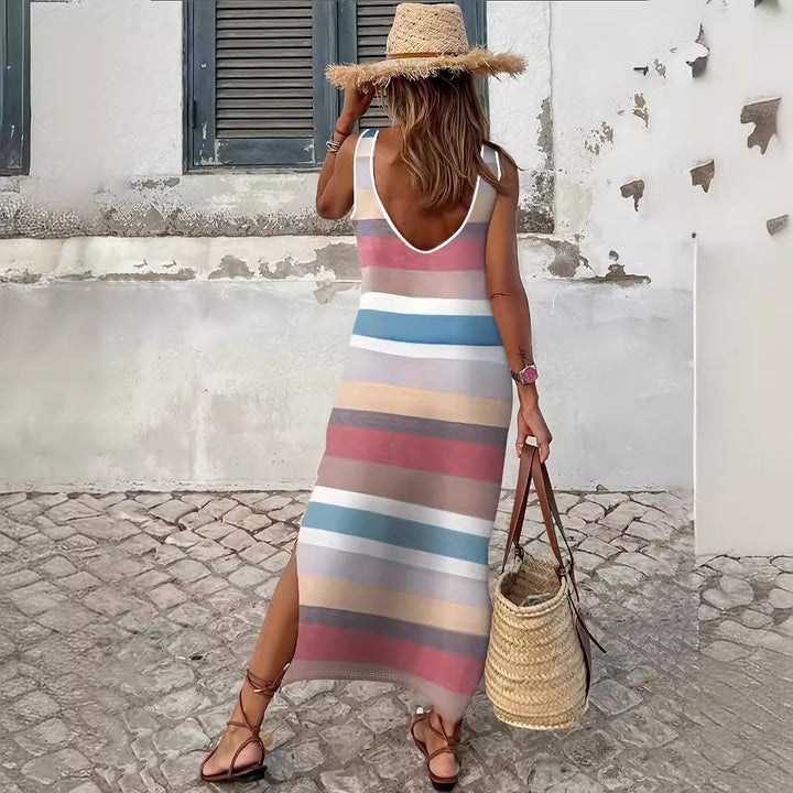 Maxi dress for women with a trendy striped pattern and a beautiful slit Lune London
