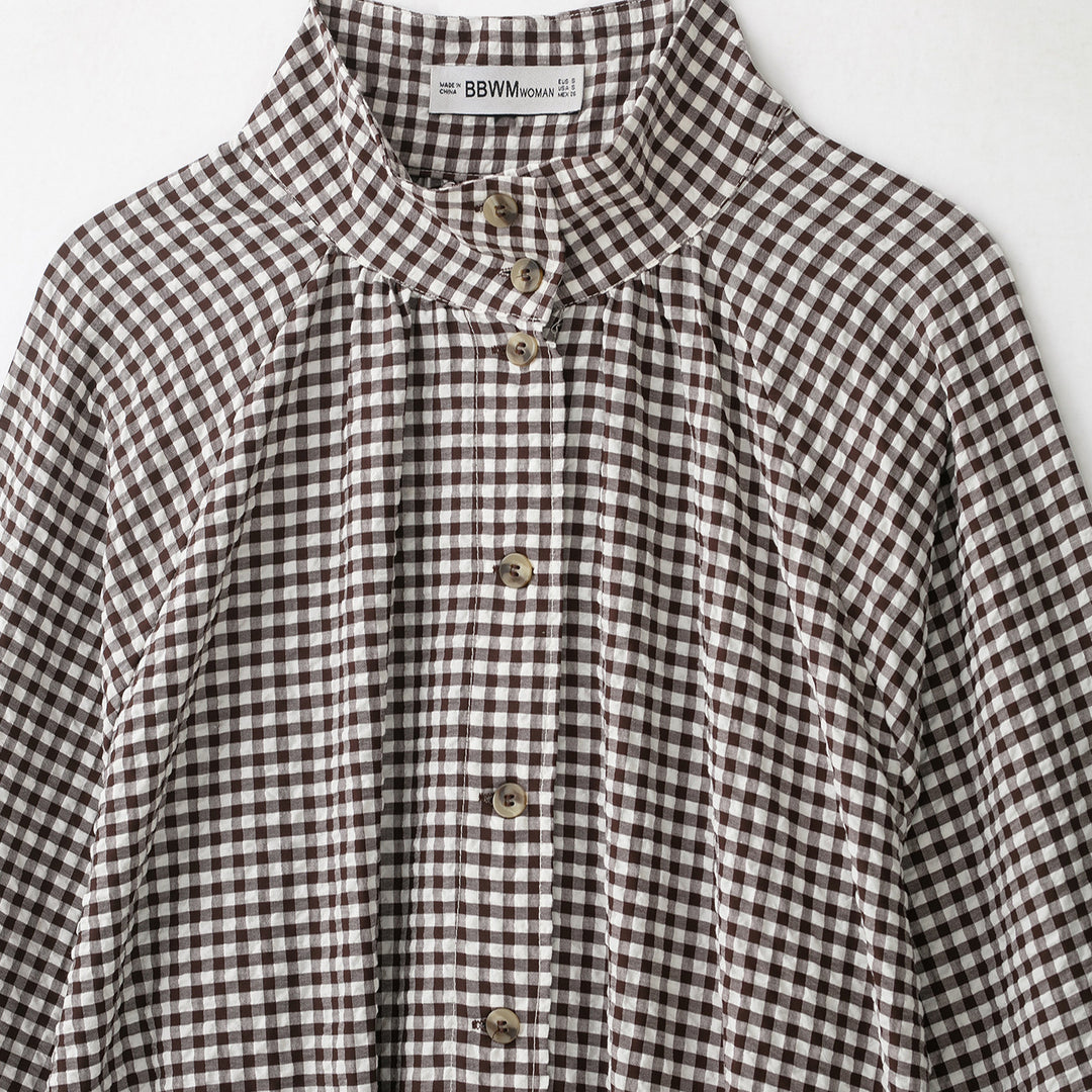 Women’s check blouse with stand-up collar, button closure and drawstring hem Amarae