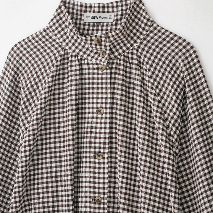Women’s check blouse with stand-up collar, button closure and drawstring hem Amarae
