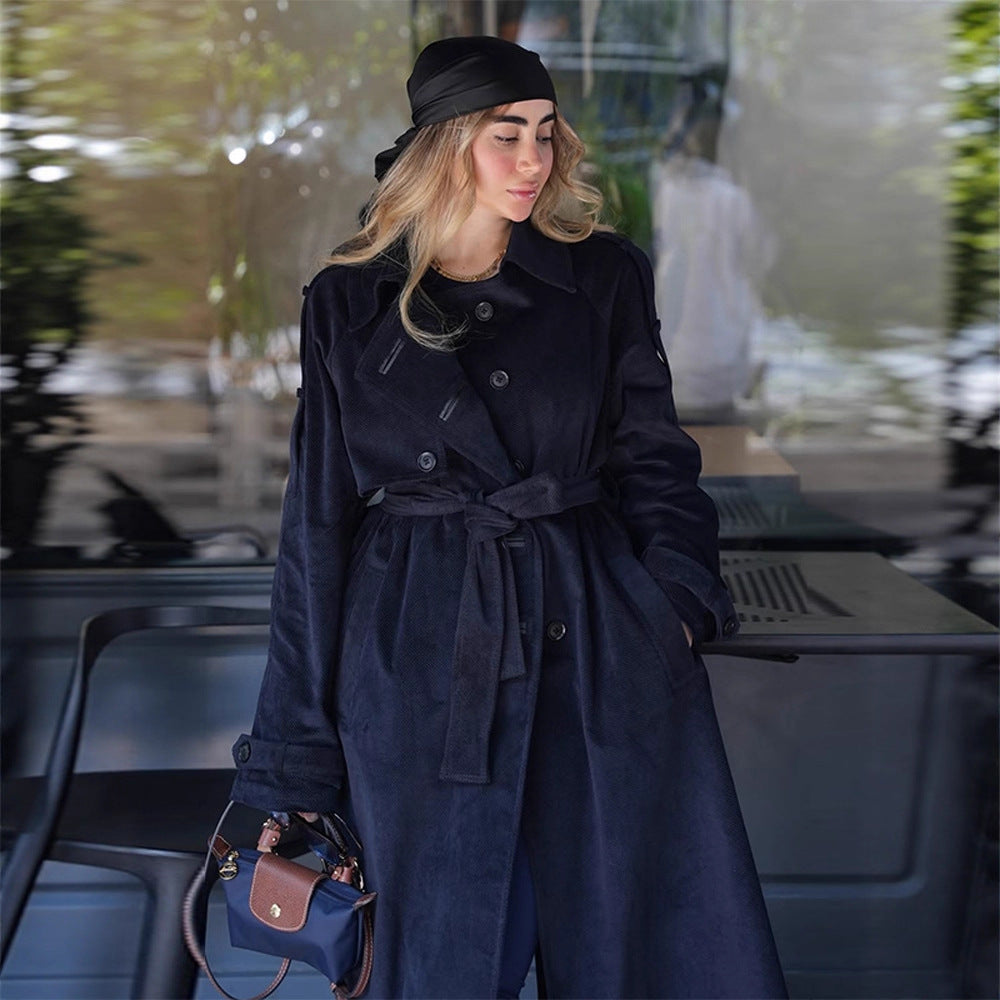 Women's longer cord trench coat with tie belt and oversized shoulders Amarae
