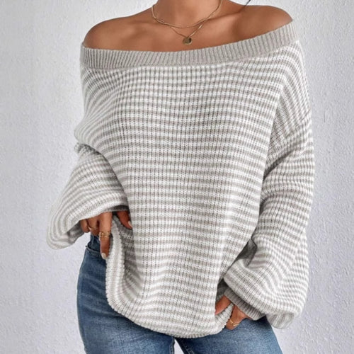 Oversized knitted sweater for women with V-neck design and striped pattern Amarae