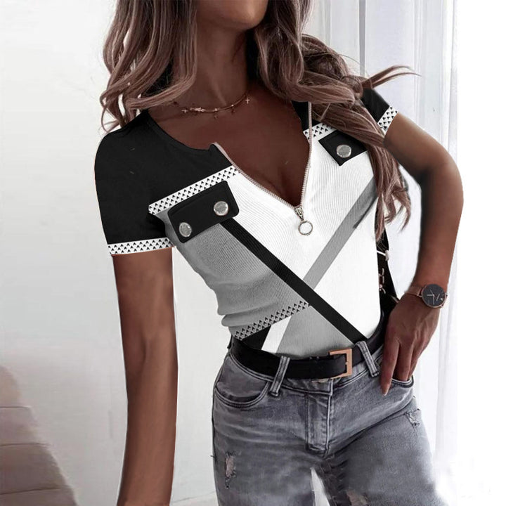 Women short sleeve top with zipper and geometric design Lune London