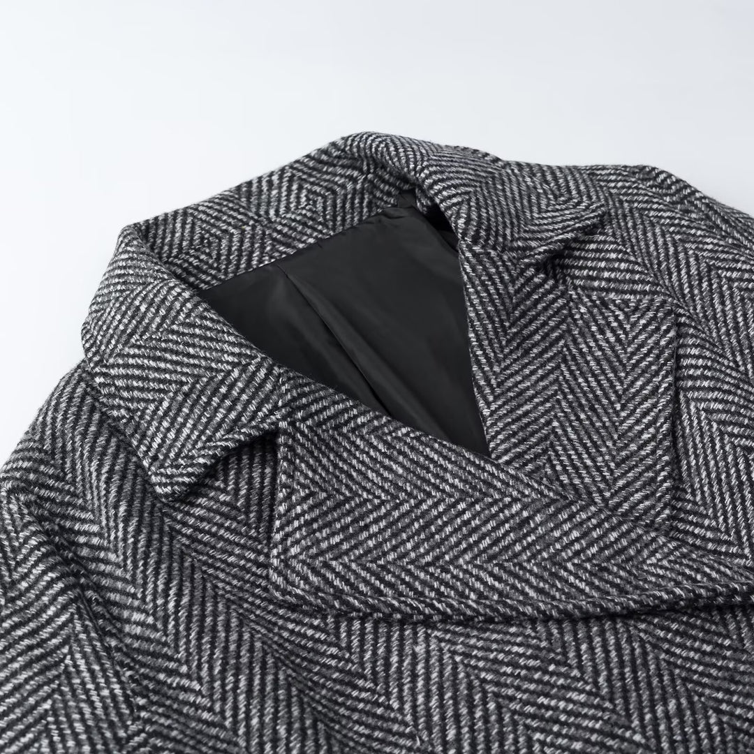 Women Short Double-Breasted Herringbone Tweed Jacket with Notch Lapel Amarae