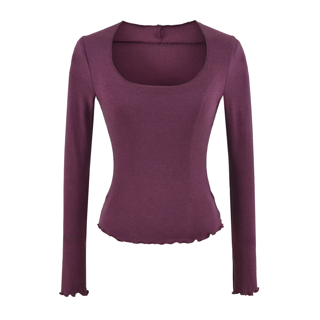 Women Fitted Long Sleeve Fine Knit Top with Square Neckline and Wave Hem Amarae