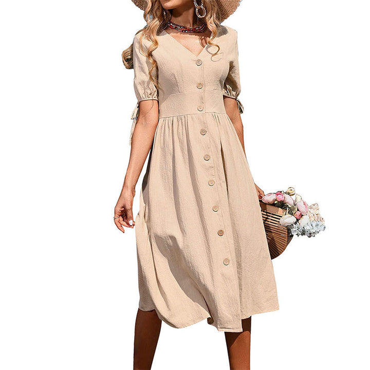 Buttoned A-line midi dress for ladies with ties