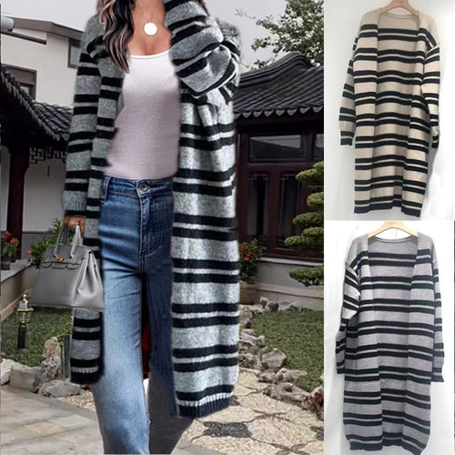 Ladies longer cardigan knitted with modern stripe details Amarae