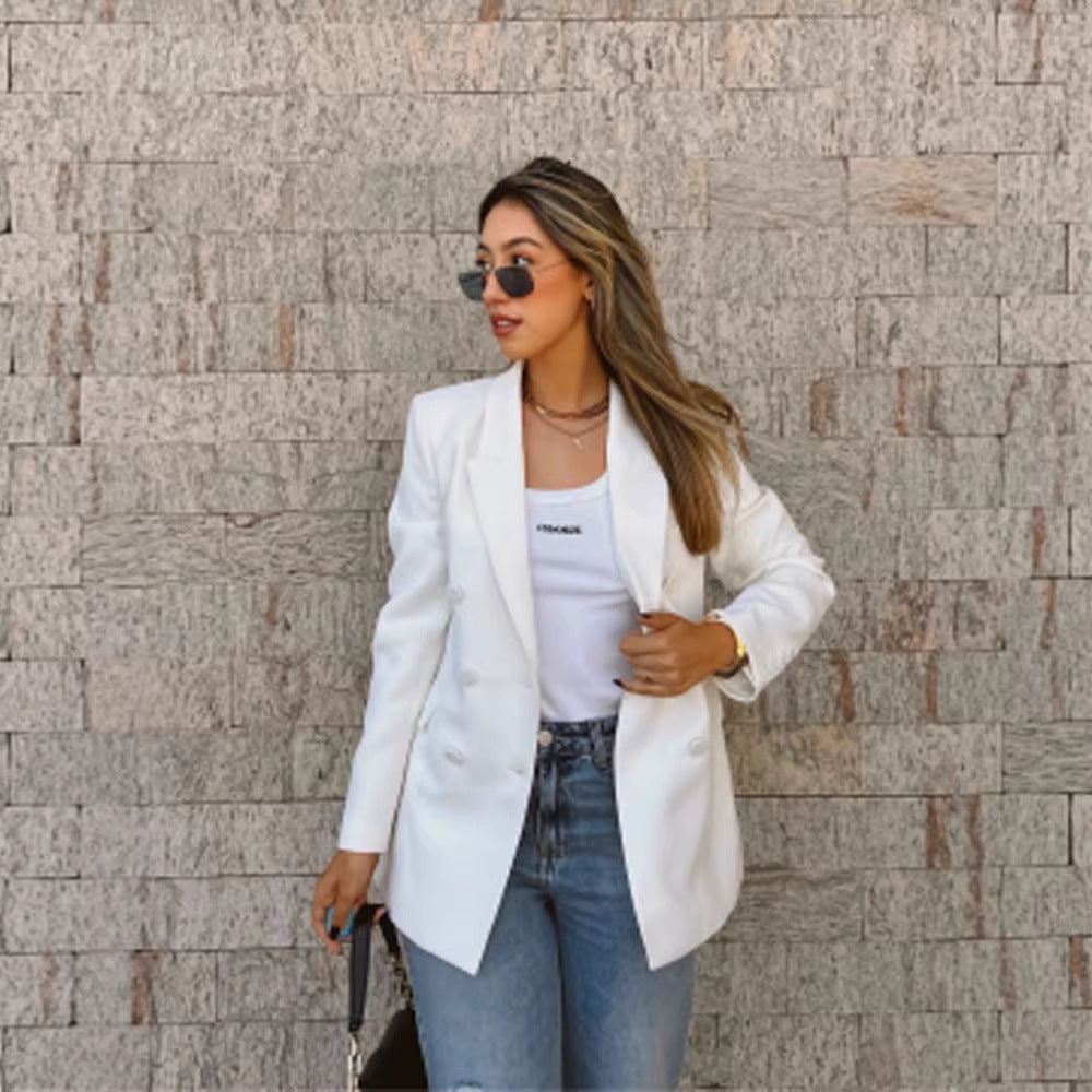 Women Fitted Double-Breasted Long Blazer with Light Shoulder Pads and Clean Lapels Amarae