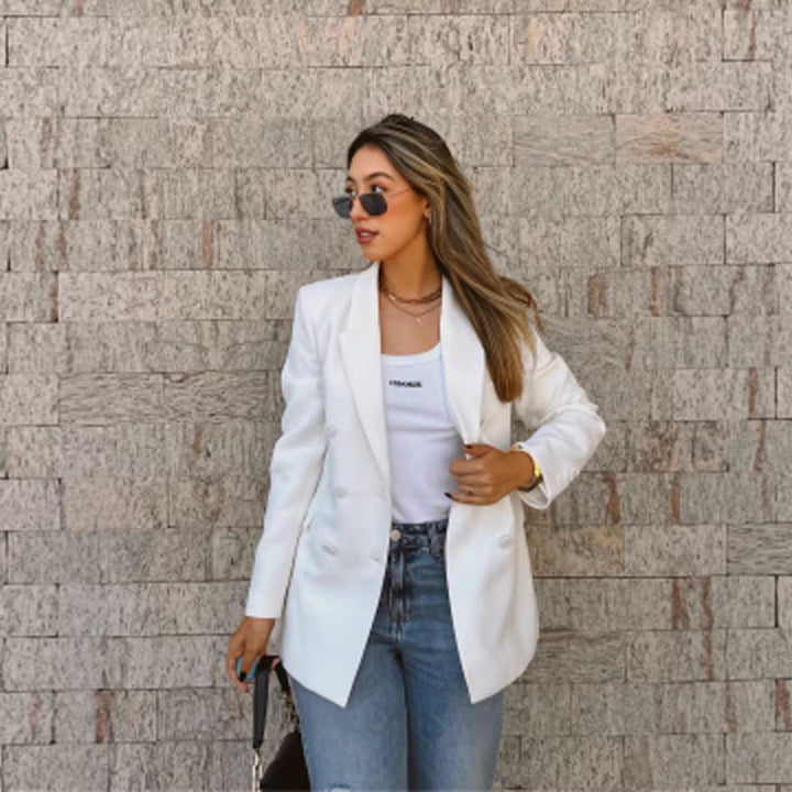 Women Fitted Double-Breasted Long Blazer with Light Shoulder Pads and Clean Lapels Amarae