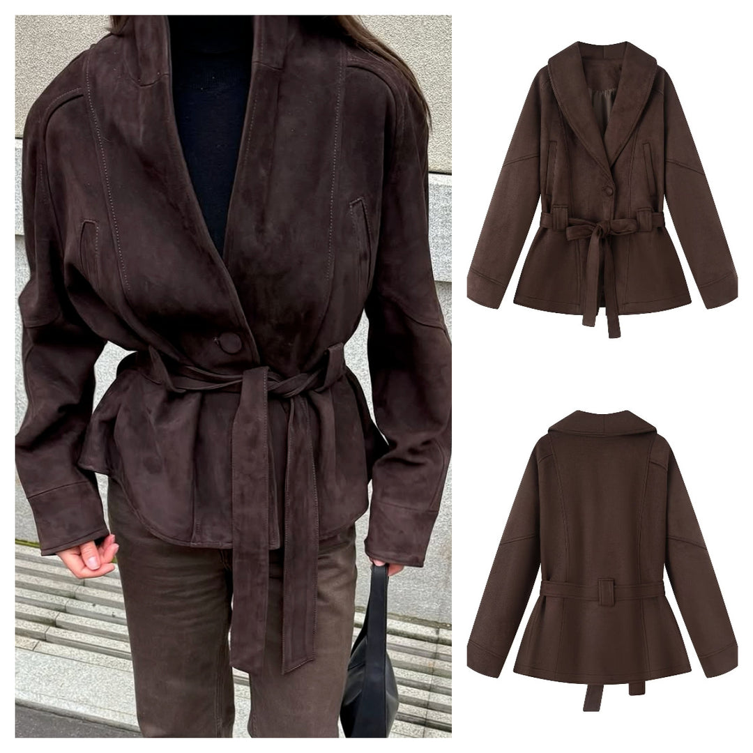 Veste en faux cuir à la mode pour femmes avec col large et ceinture à la taille Chic & Stil