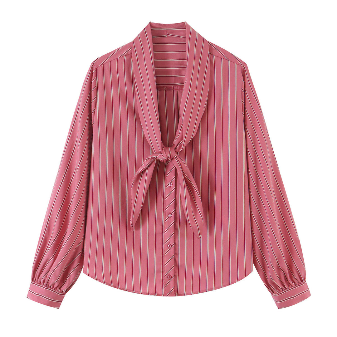 Women's blouse with bow collar, continuous button placket and balloon sleeves Amarae