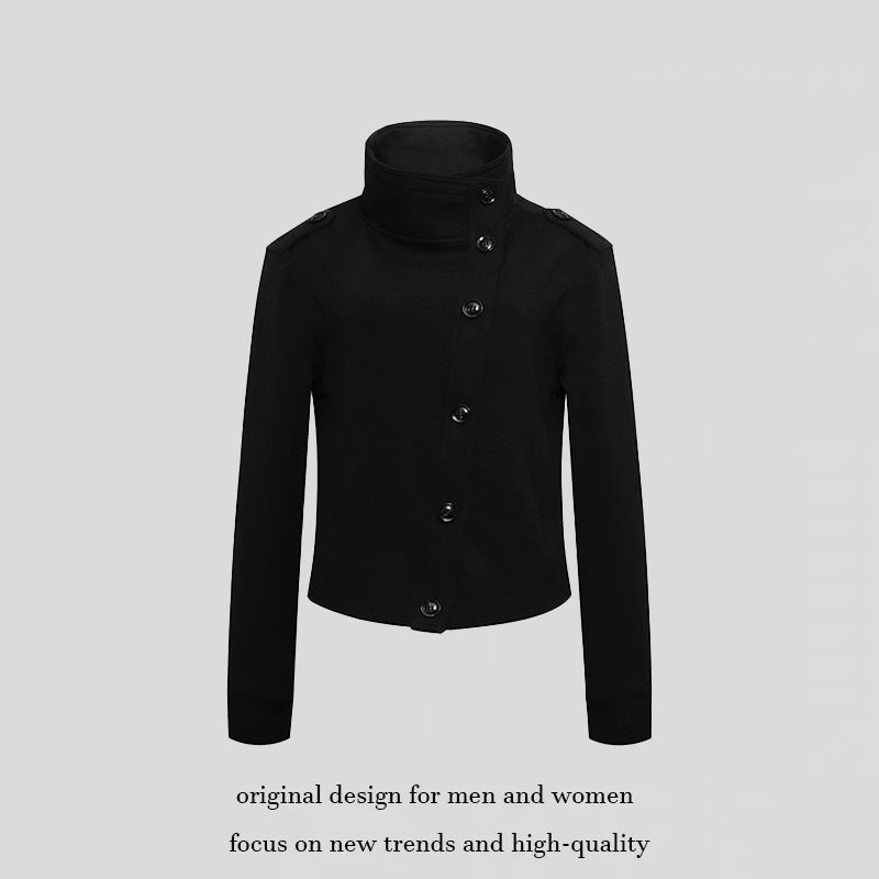 Ladies Short Wool Look Military Jacket with Standing Collar and Asymmetric Button Placket Amarae