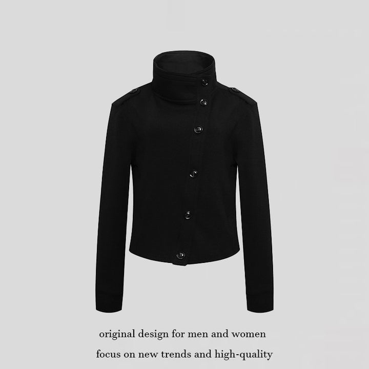 Ladies Short Wool Look Military Jacket with Standing Collar and Asymmetric Button Placket Amarae