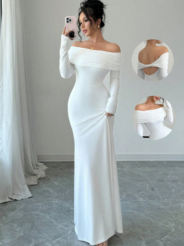 Maxi festive dress for women with off-shoulder neckline and fitted cut Amarae