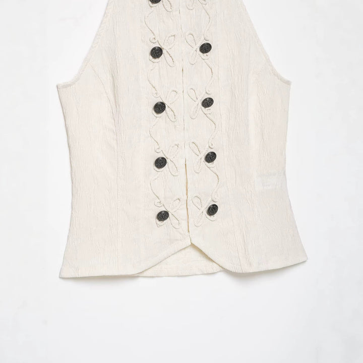 Women's Tailored Vest with Stand-Up Collar and Decorative Frog Closures Amarae