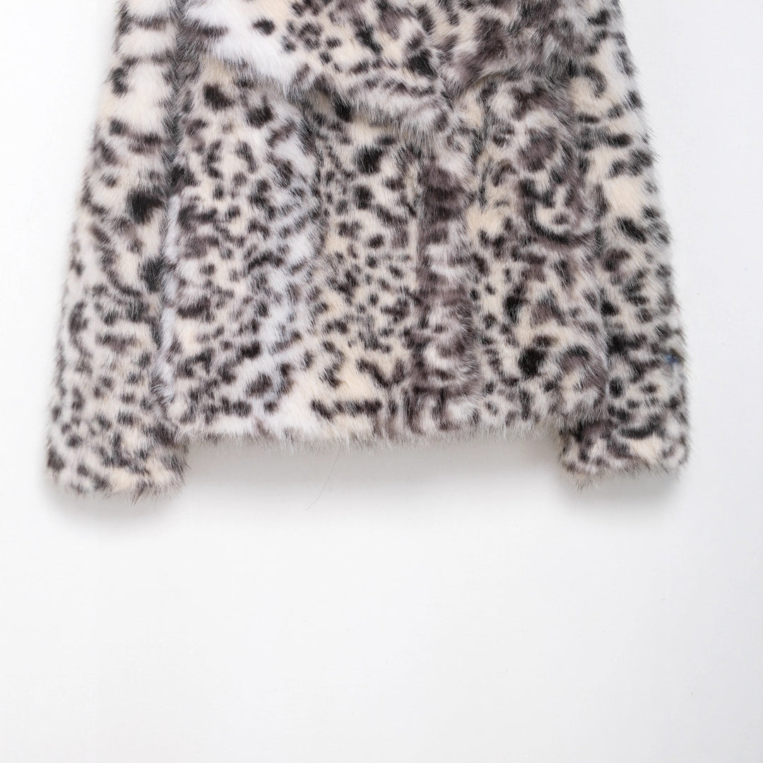 Women's Short Faux Fur Coat with Leopard Print and Shawl Collar Amarae