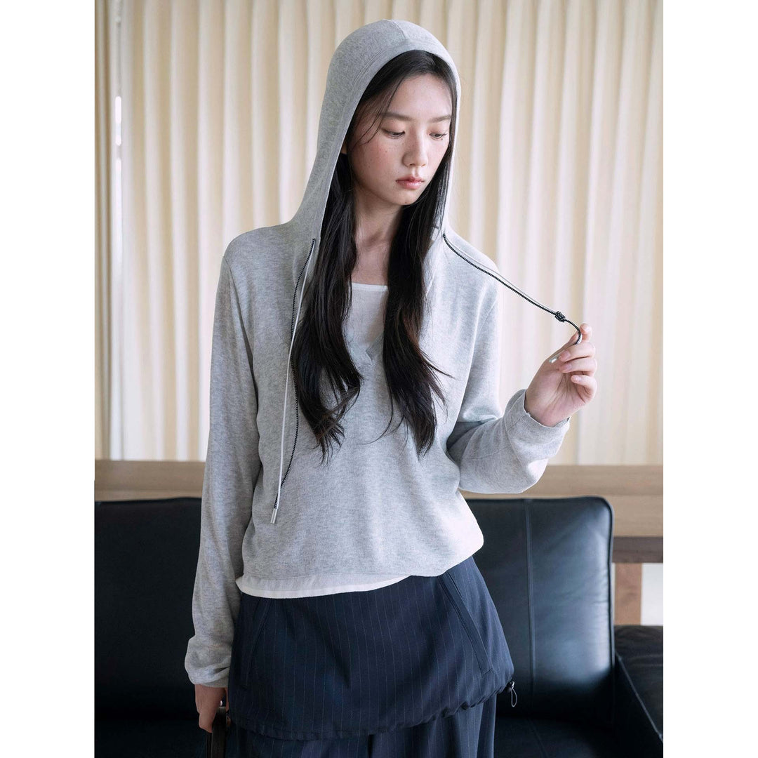 Women's fine knit sweatshirt with deep V-neckline and drawstring hood Amarae
