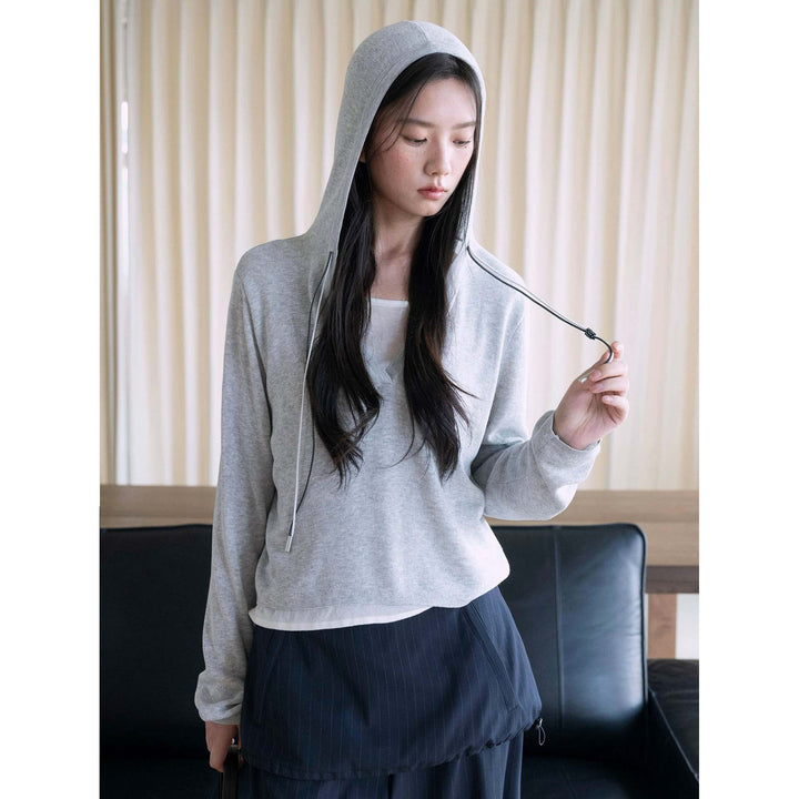 Women's fine knit sweatshirt with deep V-neckline and drawstring hood Amarae