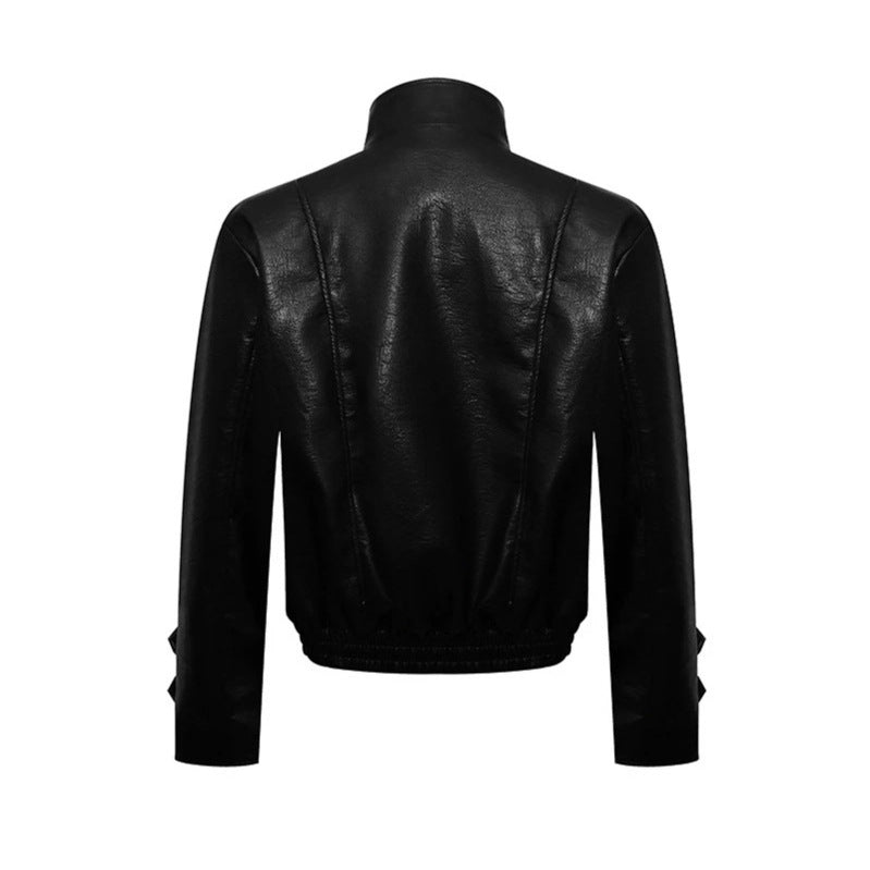 Men's short cut faux leather jacket with stand-up collar, zip front and decorative cuffs Amarae