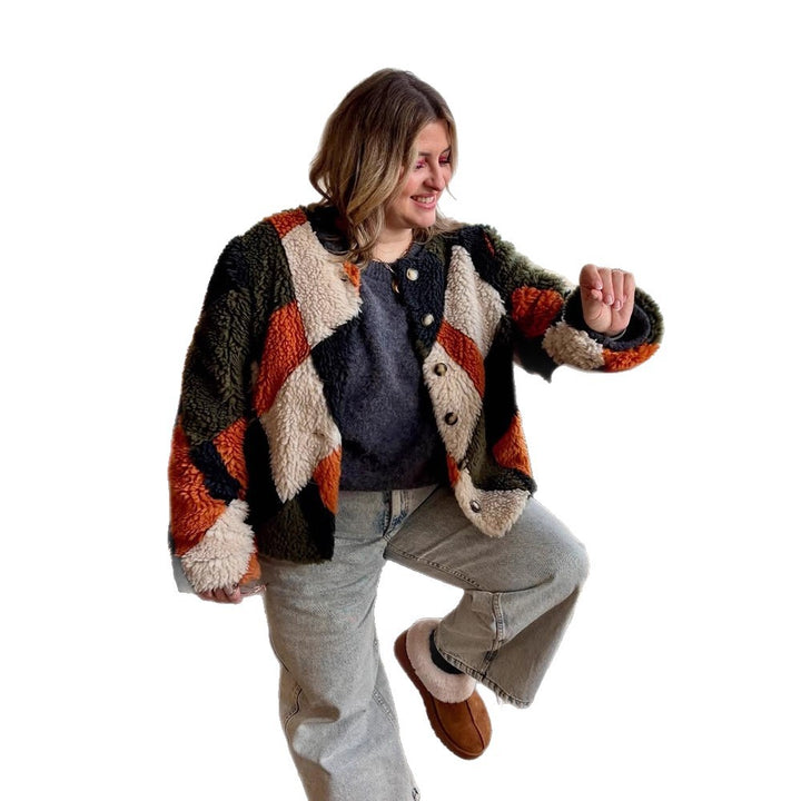 Women Short-Cut Patchwork Teddy Jacket with Textured Loop Fiber and Snap Button Placket Amarae