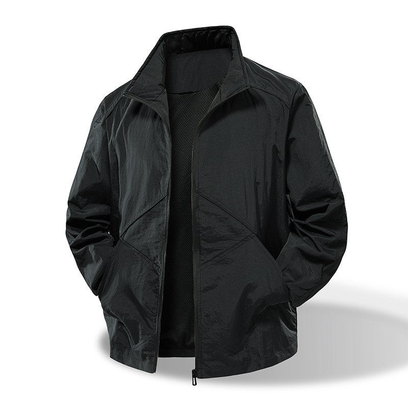 Men's Lightweight Windbreaker Outdoor Jacket with Stand Collar, Two-way Zipper and Concealed Pockets Amarae