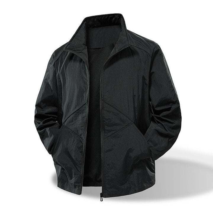 Men's Lightweight Windbreaker Outdoor Jacket with Stand Collar, Two-way Zipper and Concealed Pockets Amarae