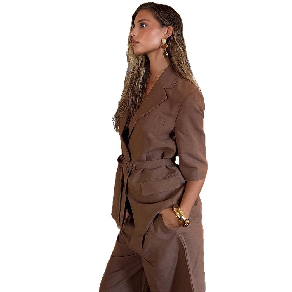 Women’s linen blend tailored blazer with belt, 3/4 sleeves & flap pockets Amarae