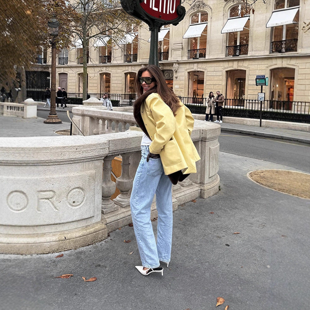 Women Elegant Oversize Coat made of Suede Look with Voluminous Faux Fur Shawl Collar Amarae