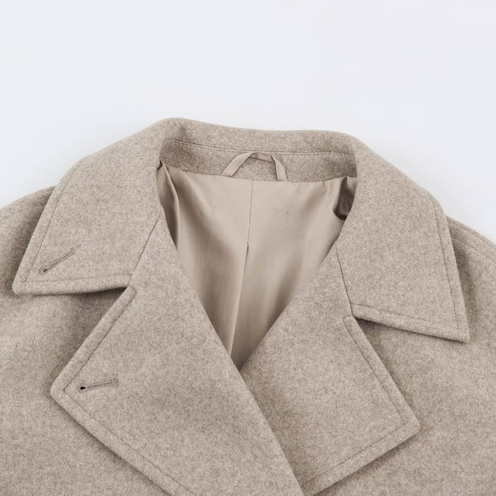 Women Mid-Length Wool Blend Double-Breasted Coat with Wide Lapels and Side Pockets Amarae
