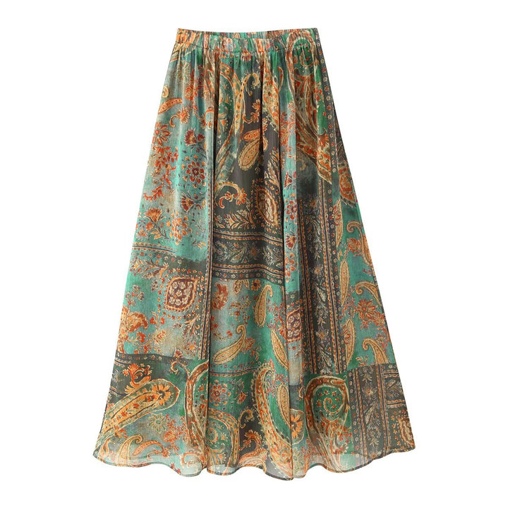 Women's Flowing Maxi Skirt with Paisley Print and Elastic Waistband Amarae