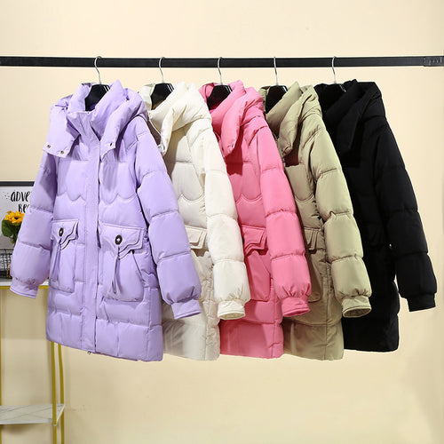 Ladies Long Puffer Jacket with practical hood collar and large pockets Amarae